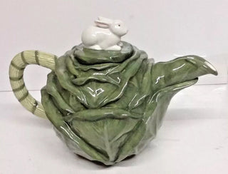 #62 VV Vintage Depart 56 Cabbage Majolica Style Teapot W rabbit Lid MTS