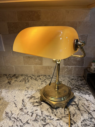 Vintage Brass Banker's Lamp with Amber Shade RCD|117926