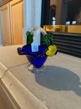 Murano Cobalt Blue Glass Basket w.yellow flowers and clear glass handle 6"t x 7"w|62623