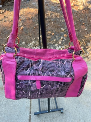 NWT Original by Sharif 1827 handbag features a striking fuchsia and purple snakeskin pattern