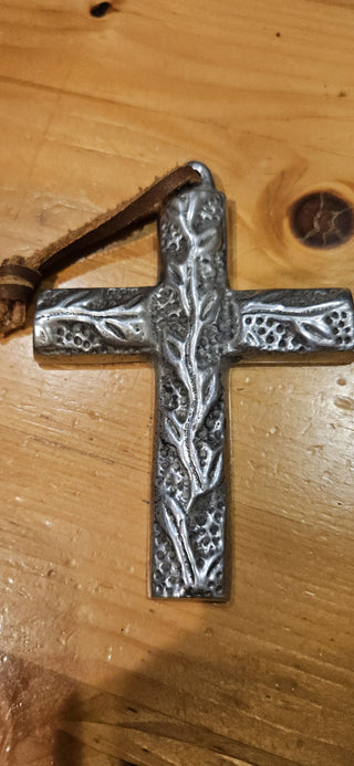 Vintage Silver Pewter Decorative Cross Ornate Etched Branch Hanging Wall Art, RSV|104927