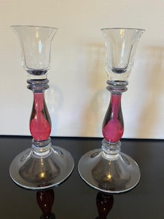 #3014 Krosno Cranberry Glass Candleholder Pair