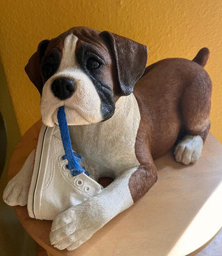 #3527 Boxer Pup Chewing Sneaker Statue