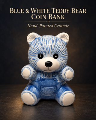 Vintage Blue and White Teddy Bear with Overalls Ceramic Piggy Coin Bank