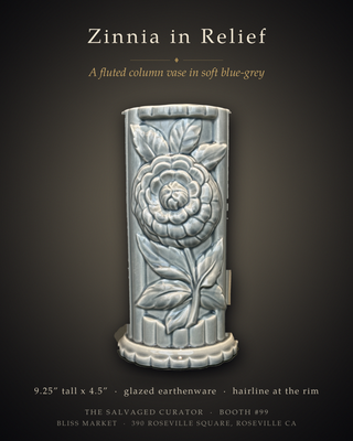 Zinnia Relief Column Vase 9.25" – Blue-Grey Art Pottery, Attributed to Cameron Clay Products (As-Is, Hairline)