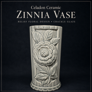 Vintage Cameron Clay Celadon Vase 9 1/4" Tall Zinnia Relief