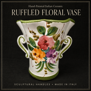 Hand Painted Ruffled Top Italian Vase with Handles