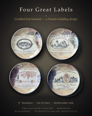 Set of 4 Ceramic Canape Plates - Vintage French Wine Label Design, Bordeaux & Burgundy