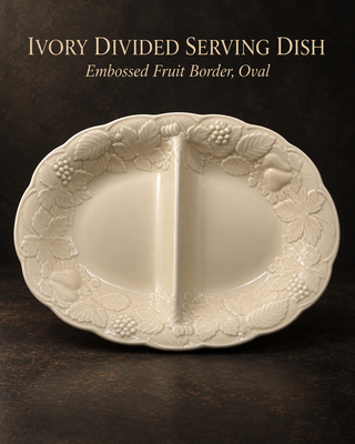 Vintage Nikko Ceramics "Woodbury" Oval Divided Serving Dish – Embossed Fruit Design Ivory