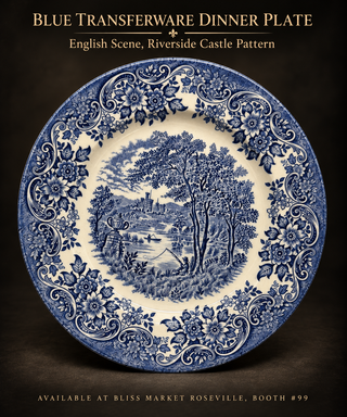 Vintage Churchill England "English Scene Blue" Luncheon Plate - 9 1/2" Blue and White Ironstone Transferware, Pastoral Fishing & Castle Landscape