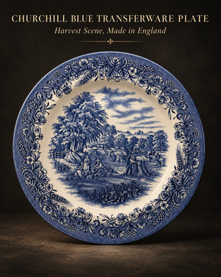 Churchill England Currier and Ives Blue and White Dinner Plate Harvest Scene 10"