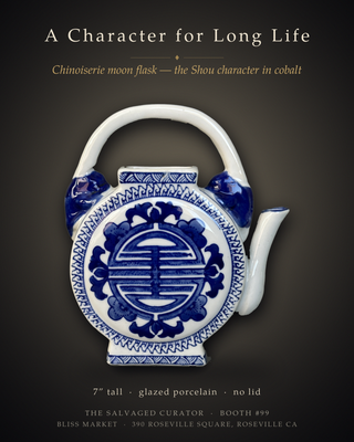 Chinoiserie Blue and White Ceramic Teapot Round Flat Longevity Character Vase