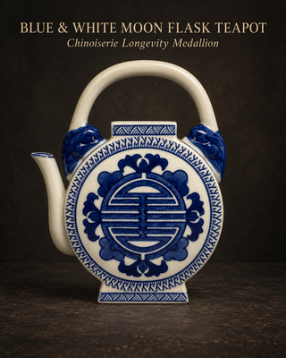 Chinoiserie Blue and White Ceramic Teapot Round Flat Longevity Character Vase