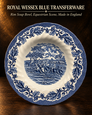 Vintage Royal Wessex Blue Transferware Soup Bowl, English Scenes Horse & Equestrian Pattern, Swirl Rim Ironstone England