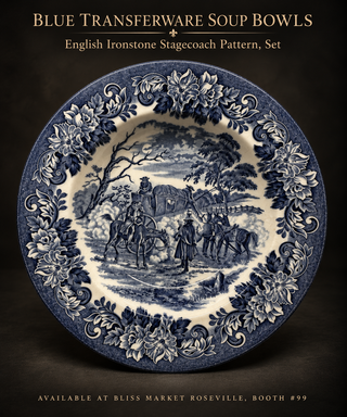 Vintage EIT English Ironstone Blue & White Dickens Series Stagecoach Rim Soup Bowl, Made in England