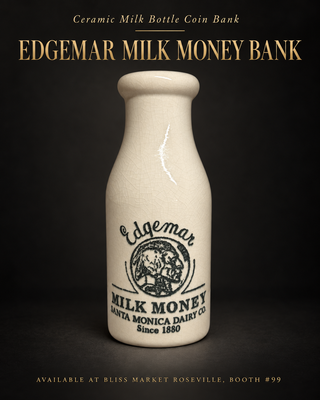Vintage Edgemar Farms Ceramic Milk Money Bottle Coin Bank Santa Monica Dairy Co