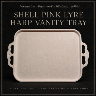 Vintage Jeannette Glass Shell Pink Milk Glass Vanity Serving Tray Lyre Harp 15"