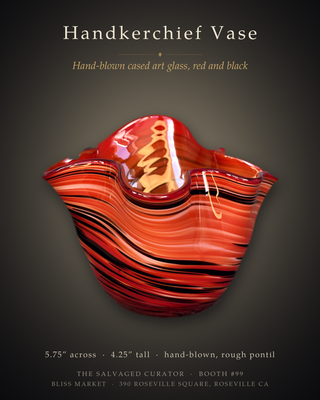 Hand Blown Art Glass Handkerchief Vase Red Orange Black Swirl Murano Style Fazzoletto Trinket Dish
