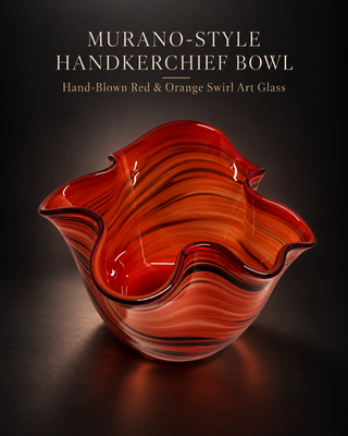 Mid-Century Murano Style Hand Blown Glass Handkerchief Bowl Red Orange Swirl 13.5”