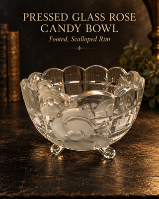 Vintage Clear Crystal 3-Footed Bowl with Frosted Roses and Scalloped Rim