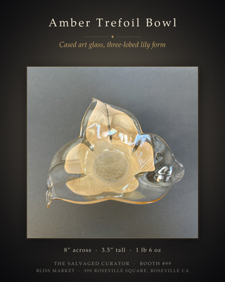 Amber & Clear Art Glass Trefoil Bowl — Three-Lobed Lily Dish, Murano Style