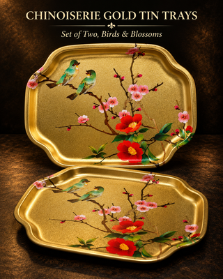 Pair of Vintage Elite Trays England Gold Tin Bird Floral Chinoiserie Set of 2