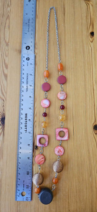 Vintage necklace, 17" drop, orange and brown, glass & wood, gold tone chain, RSV|102921