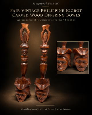 Pair of Vintage Philippine Igorot Carved Wood Anthropomorphic Ceremonial Offering Bowls