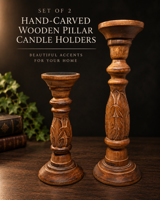 Set of 2 Hand-Carved Wooden Pillar Candle Holders