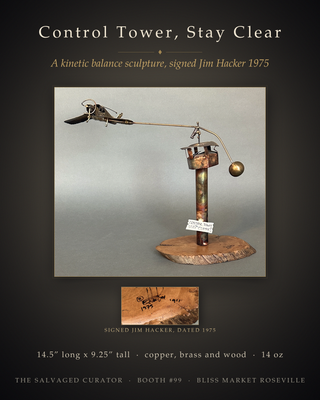 "Control Tower Stay Clear!" – Vintage Mid-Century Kinetic Balance Sculpture by Jim Hacker (1975)