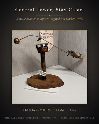"Control Tower Stay Clear!" – Vintage Mid-Century Kinetic Balance Sculpture by Jim Hacker (1975)