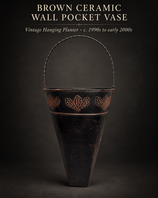 Large 21-Inch Antique Style Brown Metal Hanging Wall Vase with Embossed Leaf Detail