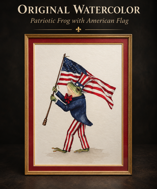Bambi Papais Signed Watercolor Print "Patriotic Frog" Framed Americana Art
