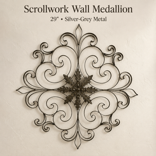 29" Silver-Grey Traditional Metal Scrollwork Medallion Wall Decor