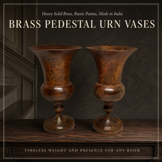 Vintage Pair of Heavy Brass Pedestal Urn Vases 10" - Made in India Rustic Patina
