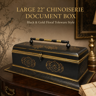 Large 22” Chinoiserie Toleware Style Document Box – Black & Gold Floral Decorative Accent Chest
