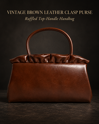 Retro 1970s Style Brown Vegan Leather Pleated Frame Handbag Mid-Century Aesthetic