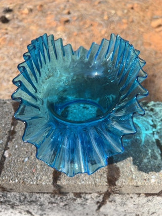 8” vintage Blenko Art Glass vase Azure Blue ruffled or crimped top edge