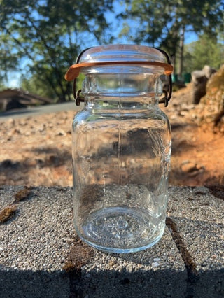 7.5” vintage clear glass Ball Ideal Mason Jar featuring a 1908 patent date