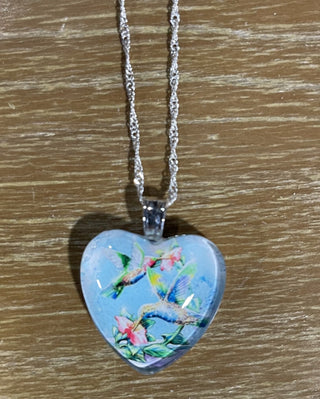 hummingbirds glass heart, 20" chain RSV