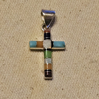 .925 inlaid multi stone cross pendant