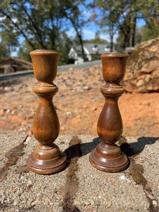 JP pair of vintage turned wood candlestick holders 7.5”