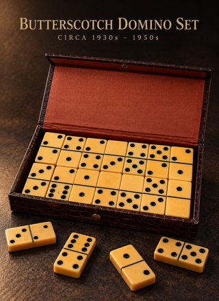 Vintage Butterscotch Bakelite / Catalin Domino Set in Faux-Alligator Case