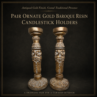 18" Pair of Antique Style Gilded Corinthian Pillar Candlestick Holders