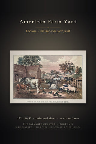 "American Farm Yard—Evening" — Vintage Currier & Ives Lithograph Book Plate Reproduction (Circa 1930–1955)