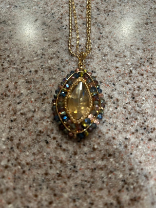 Extra long chain w/ teardrop multi-colored pendant
