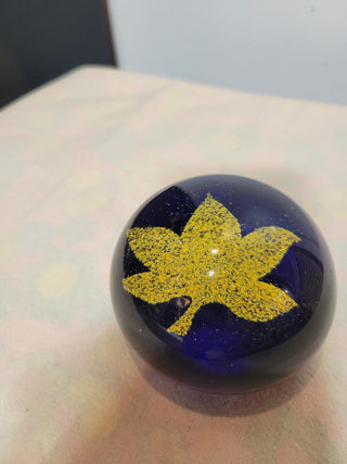 Art Glass Blue Paperweight w/Yellow Leaf RCD