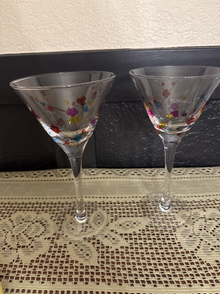 Vintage Clear Glass Martini Glasses embossed w/multiple color Flowers- sold as set of 2 - RCD|130048