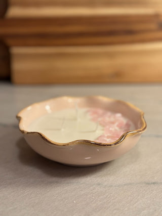 HANDMADE UPCYCLED CANDLE PINK BOWL W/WAVY GOLD LIP W/ROSE QUARTZ STONES SCENT TULIP FIELDS|107311