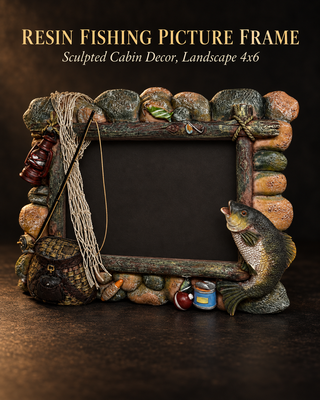Rustic 3D Fishing Picture Frame Resin Log Faux Stone Bass Cabin Decor